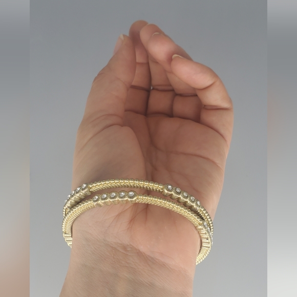 Goldtone Green Triangle Earrings, Goldtone Bangles and Goldtone Ring - Picture 7 of 12